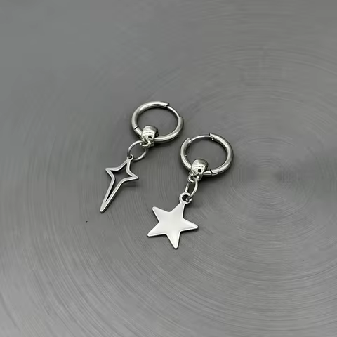 Stainless Steel Asymmetrical Five Point Star Hollow Cross Huggies Dangle Earrings for Women Men Grun