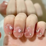 Adorable Handmade Short Nail Art Pink Heart Diamond Student Daily Wear Detachable Pure Handmade Nail