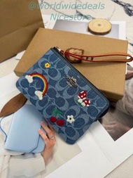 COACH 蔻馳 藍色牛仔老花刺繡手挽袋