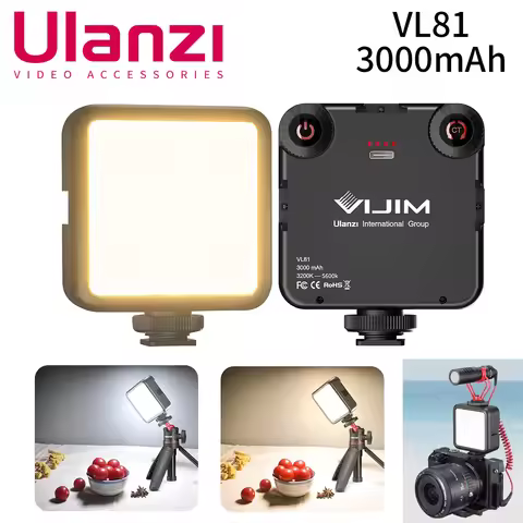 Ulanzi VL81 LED Video Light On Camera Light with 3 Cold Shoe Rechargeable 3000mAh Battery Bicolor Di