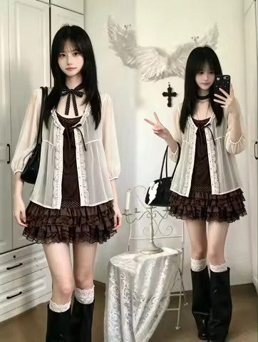 Y2K Harajuku 3 Piece Outfits Women Cute Ruffle Open Front Cardigan Casual Vest Mini Skirt Japanese S