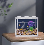 Small Betta Fish Tank, Stackable Mini Aquarium Tank Kit with Aquarium Gravel Pearl Decoration Fish Bowl Tiny Cube Tank for Seaweed Balls Sea Monkeys