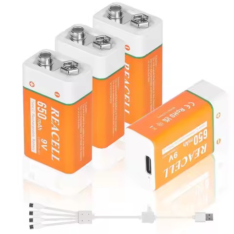 9V Rechargeable Batteries 4 Packs, 9 Volt Batteries 6F22 for Smoke Detector Alarms, with USB C Cable