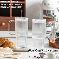 26oz ribbed glass with handle and lid, large cup with straw