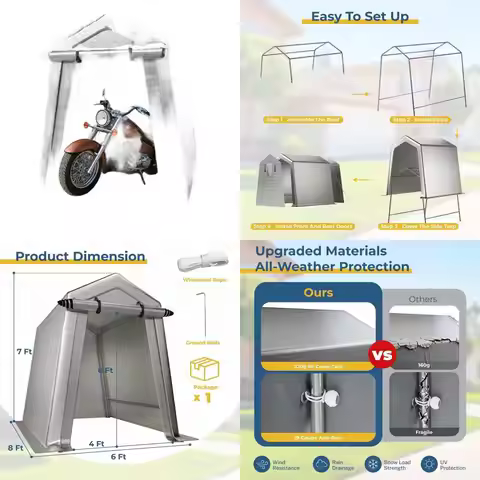 Gray 6x8 Portable Shed with Heavy-Duty Waterproof PE Tarp, Roll-Up Door, and Vent for Motorcycle, Bi