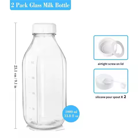 Glass For Milk Bottle 2-Pack With Airtight Heavy Duty Lid 2 Dispenser Caps, 33 Oz Water Jug For Milk