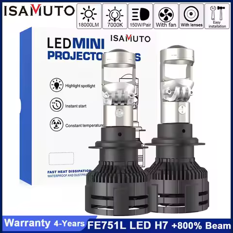 ISAMUTO FE751L LED H7 PX26d Headlight With Lens Fan 12-35V 130W 7000K 18000LM White LED Car Hi/lo Be