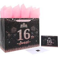 wishinside 13'' Large 16th Birthday Gift Bag Set with Handles, Greeting Card, Pink Tissue Papers and