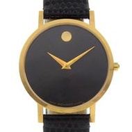 Movado 博物館手錶 87.45.882 鍍金壓花皮革石英模擬顯示黑色錶盤男士 [二手]
