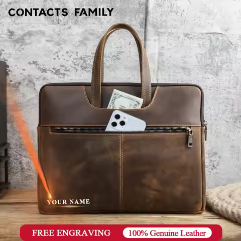 CONTACT'S FAMILY Men Briefcase Genuine Leather Laptop Bag For Air 13 M1 M2 M3 M4 Macbook Pro 14 Macb