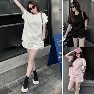 Set bộ nữ áo thun cổ tròn kèm quần đùi cạp chun dây rút T03