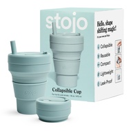 Collapsible Travel Cup With Straw - Aquamarine, 16oz / 470ml - Reusable To-Go Pocket Size Silicone C
