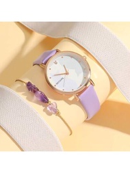 時尚簡約紫色貓紋錶盤石英皮質錶帶手錶+紫色寶石手鐲