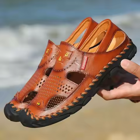 2025 Men Genuine Leather Shoes Men's Sandals Durable Handmade Stitching Close Toe Non Slip Shoes For