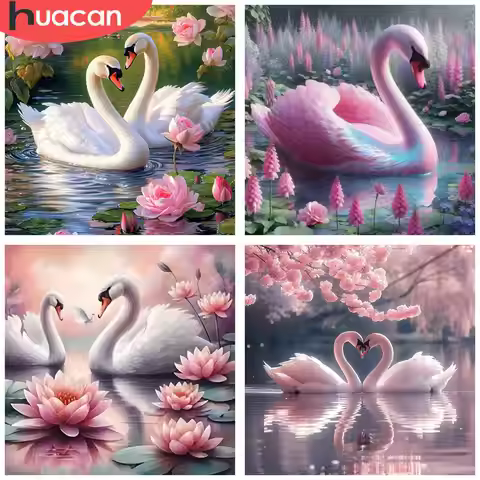 HUACAN 1pcs Diamond Painting Romantic Swans in Lotus Pond Canvas Rhinestone 5D DIY Diamond Embroider