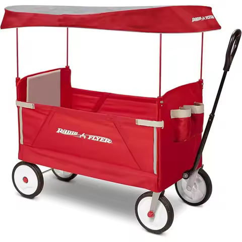 Radio Flyer 3 in 1 EZ Fold Stroller Wagon with Canopy and Adjustable Handle, Red