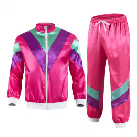 80s 1980s Sportswear Set Women Tracksuit Set Retro Hip Hop Disco Outfit Color Block Jacket Elastic W