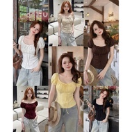 LT - short sleeve t-shirt with off-the-shoulder square neck, elastic waistband, bow tie, super flatt