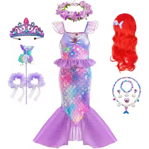 Little Girl Ariel Mermaid Costume Full Set with Wig Crown Jewelry Ariel Princess Dress Up for Hallow