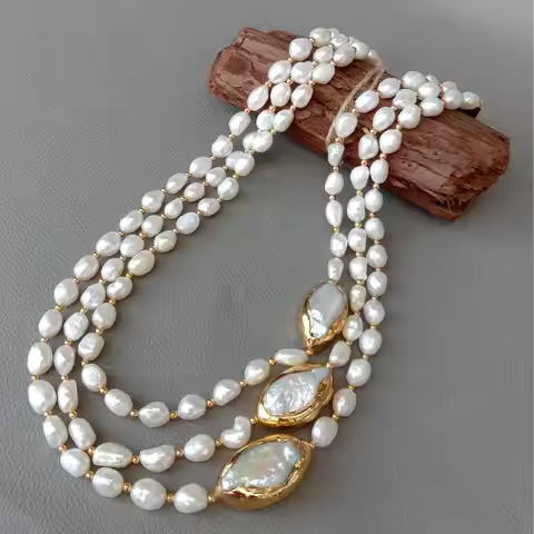 YYGEM 20" 3 strands Cultured Baroque freshwater Pearl Necklace Keshi Pearl Gold color edge Connector