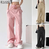 Esolo ZANZEA Korean Style Women Cargo Long Pants With Pockets Elastic Waist Casual Loose Wide Leg Trousers Plus Size KRS #10
