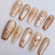 10 Long Coffin Nail Gold Nail Star Moon Myth Universe Element Gilt Nail Art Hand Nail Nail Nail Nail