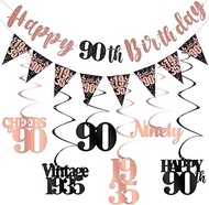 90th Birthday Decorations for Women, Black Rose Gold Happy 90th Birthday Banner Hanging Swirls Vinta