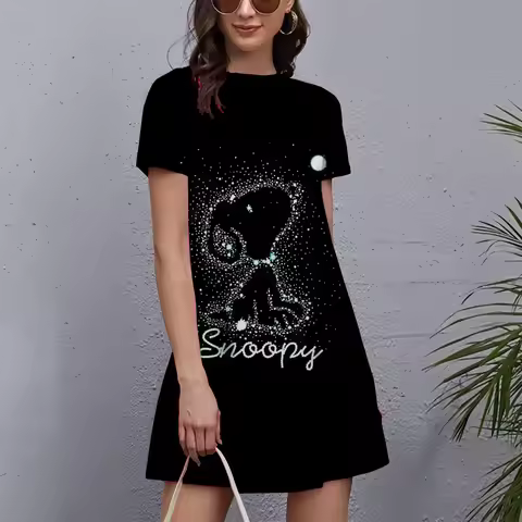 Snoopy print Women Dress Elegant Sweet Casual Short Sleeve O-Neck Mini Dress Summer Fashion Party Cl