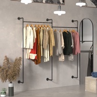 ราวแขวนผ้าติดผนัง ราวแขวนผ้าท่อเหล็ก ราวเหล็กแขวนผ้า 205x190cm Length Industrial Pipe Clothes Rack S