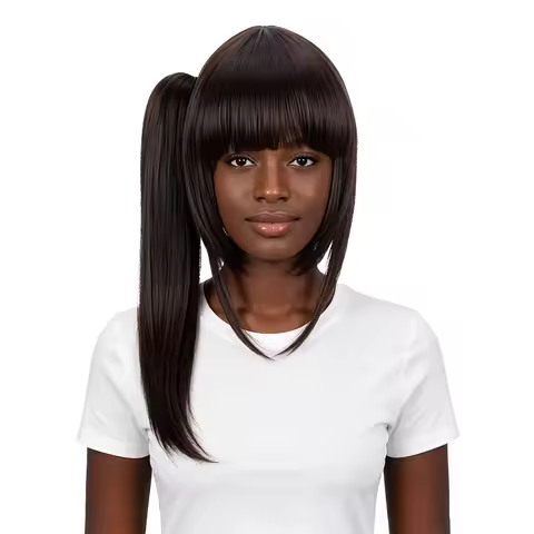 1B# Natural Black Hime Cut Wig Adjustable Cap Detachable Tiger Clip Ponytail Heat Resistant Wig For 