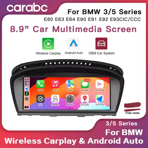 CARABC Wireless Carplay Android Auto, 8.9-calowa nawigacja samochodowa dla BMW 3 5 Series E60/E63/E6
