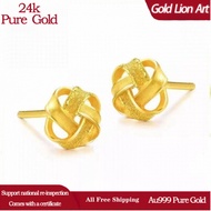 【Golden Lion Art】Au999/24k Pure Gold Earrings Gold Ruyi Knot Earrings 3D Hard Gold Ear Stick Gold Je