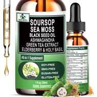 Soursop Drops,Soursop Bitters Liquid with Sea Moss Black Seed Oil Green Tea Extract Ashwagandha Elde