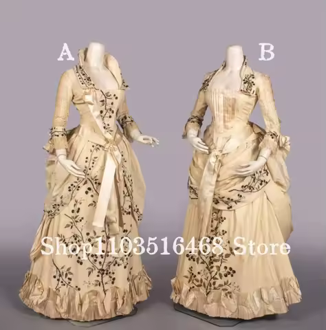 Customized Ivory Vintage Victorian Ball Gown 19th Century Floral Print Puffy Skirt Special Occasion 