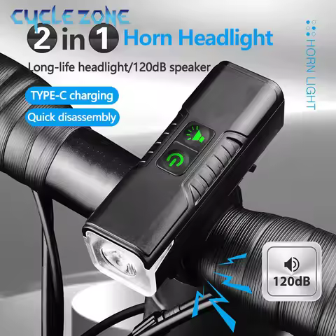 2-in-1 Bicycle Horn Light TYPE-C Rechargeable Bike Headlight Flashlight Bicycle Bell Lantern MTB Fro