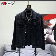 PFHQ 2023 New Hot Fix Denim Jackets For Men Solid Long Sleeve Patchwork Loose Single Breasted Coat Men's Summer Fashion 21F3440