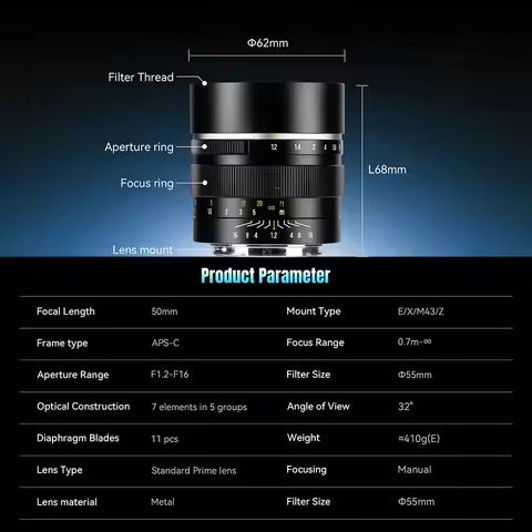 7artisans 50mm F1.2 APS-C Frame Manual Focus Large Aperture Prime Lens for Sony E Alpha 6700 Fuji X