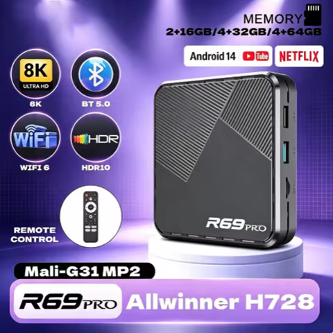 Allwinner H728 R69 PRO Android 14 8K WiFi6 Voice Remote Control Streaming Media Player Home Set Top 