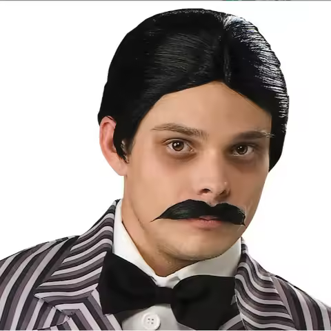 Gomez Addams Mens Short Black Hair and Mustache Standard Size Halloween Cosplay Costume Anime Party 