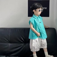 Boy Hong Kong Style Shirt Suit 2025 Blue Sleeveless Shirt Middle Pants Boy Handsome Children's Cloth