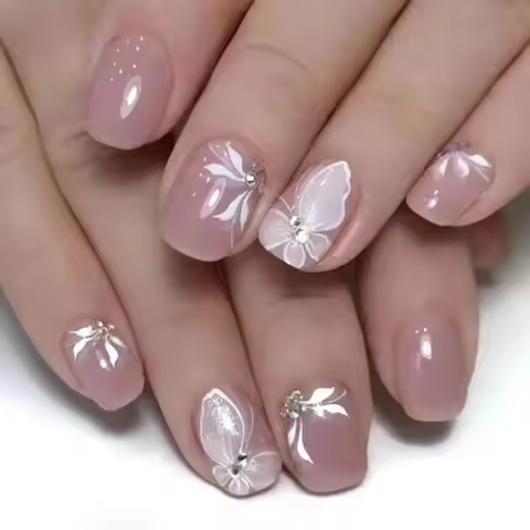 Short Nails with Jelly Adhesive Transparent Flowers In Spring and Summer Detachable Fake Fingernails