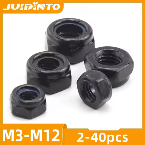 JUIDINTO 2-40pcs Black Nylon Lock Nuts M3 M4 M5 M6 M8 M10 M12 Black Plated Self-locking Nut Locknut 
