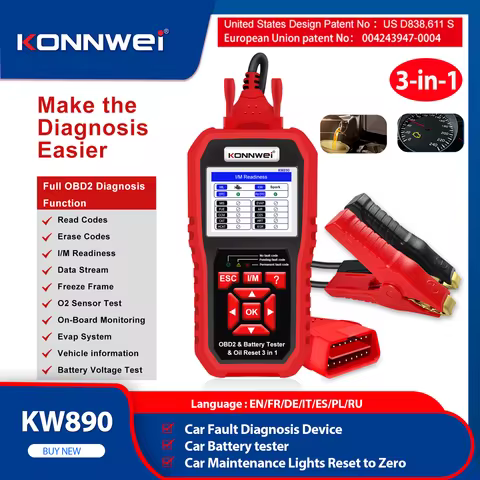 2026 KONNWEI KW890 12V Car OBD2 Battery Tester Analizer Auto Diagnostic Tool Battery Match 3 in 1 Ca
