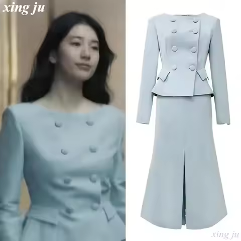 Temperament Party Outfits Women Blue Slim Short Tops High Waist Fishtail Skirt Lady Jazz Dance Perfo