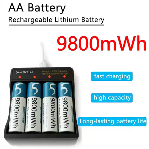 AA Lithium Ion Rechargeable Batteries 9800mAh 1.5V Constant Voltage - 4 Pack Batteries for Flashligh