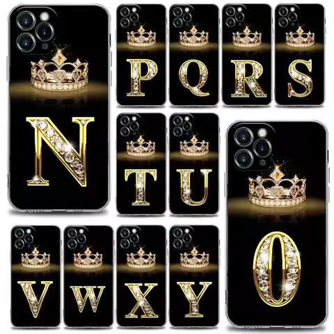 Diamond Crown First Initials Letter N T Z Shell Case for iPhone 15 16 11 12 13 14 Pro Max Mini 16 Pl