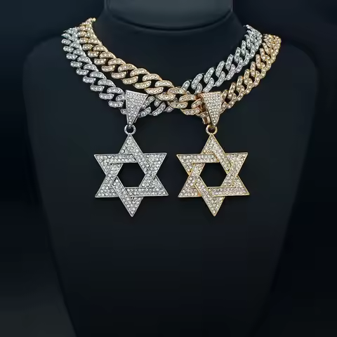 Fashion Star of David Pendant Necklace Women Men Hip Hop Tennis Cuban Chain Necklaces Classic Six-po