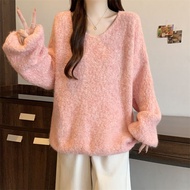 RUIHUAN | เสื้อไหมพรม Mohair สีเหลือง คอวี ไซส์ใหญ่ สำหรับผู้หญิง ฤดูใบไม้ร่วง-หนาว แบบใหม่