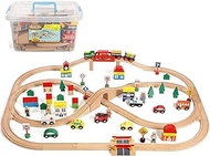 On Track USA Wooden Train Set 100 Piece All in One Wooden Toy Train Tracks Set with Magnetic Trains and Railway Accessories, Comes in A Clear Container, Compatible with All Major Brands