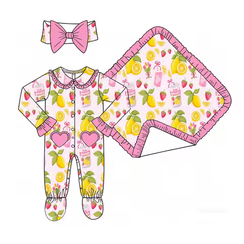 Floral Lemon Print Baby Girl's 3-Piece Clothing Set with Long-Sleeve Jumpsuit Blanket Bow Headwear -